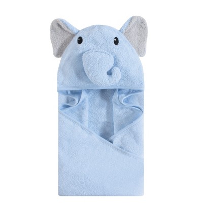 Hudson Baby Infant Boy Cotton Animal Face Hooded Towel, Light Blue Elephant, One Size
