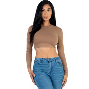Slickblue Women's Long Sleeve Cropped Top, Crew Neck, Stretch Jersey, Casual Fit, Multiple Color Options, Size S-L - 1 of 4