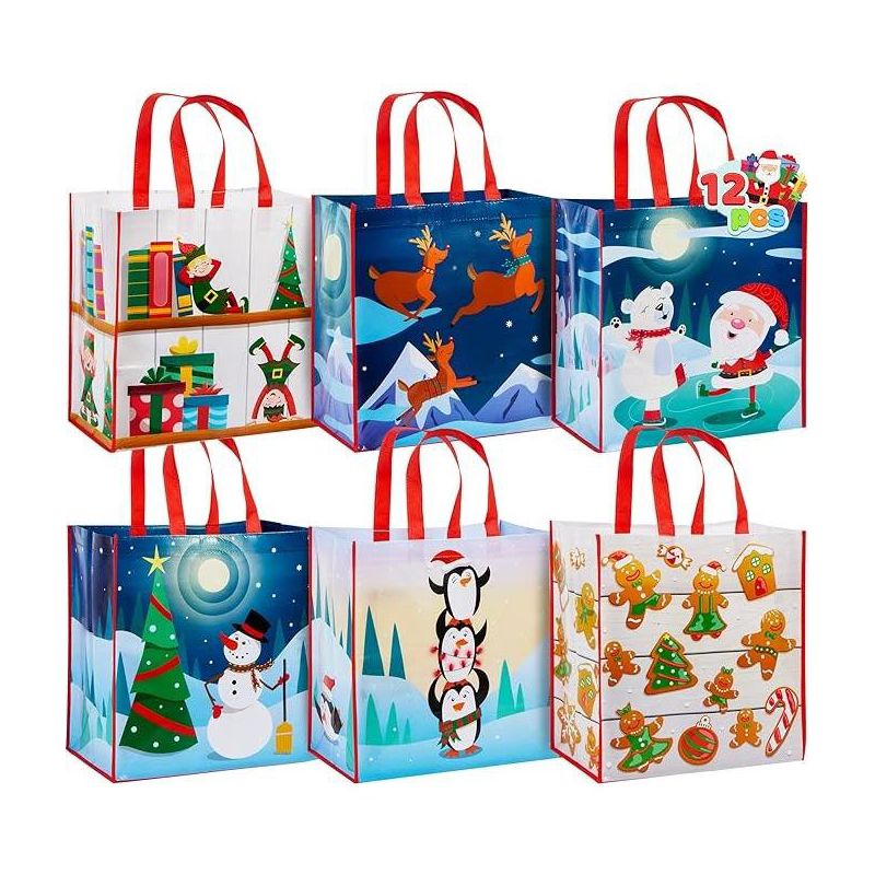 JOYIN 12 PCS 13.75" x 14" Christmas Large Tote Bags Holiday Reusable Grocery Bags for Classroom Party Favor Supplies, Xmas Party, 1 of 9