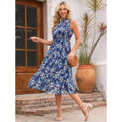 Женские платья INSPIRE CHIC Women's Summer Floral Sleeveless Mock Neck Wedding Guest Party A-Line Midi Dress Small Navy Blue — фото 3