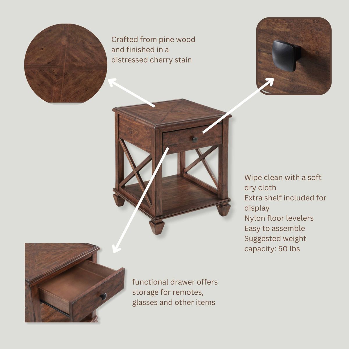 21" Bridgton Square Wood End Table with Drawer Cherry - Alaterre Furniture - thumbnail 2