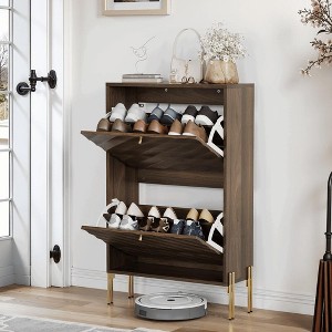 Resenkos 23.6 Inch Walnut shoe cabinet, Mid-century modern freestanding shoe cabinet for entry, Hallway And Entryway Brown - 1 of 4