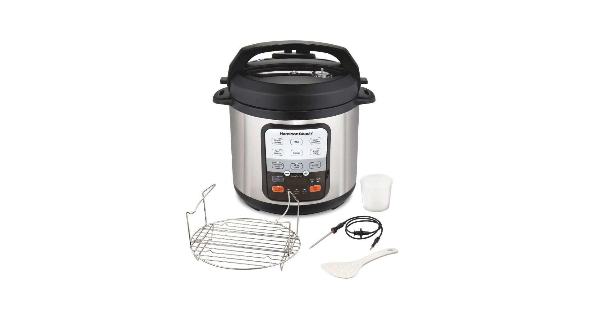 Hamilton Beach 6qt Pressure Cooker with Probe 34506: Metal, 1000W, Bakes & Roasts, Over-Pressure Plug, Silver