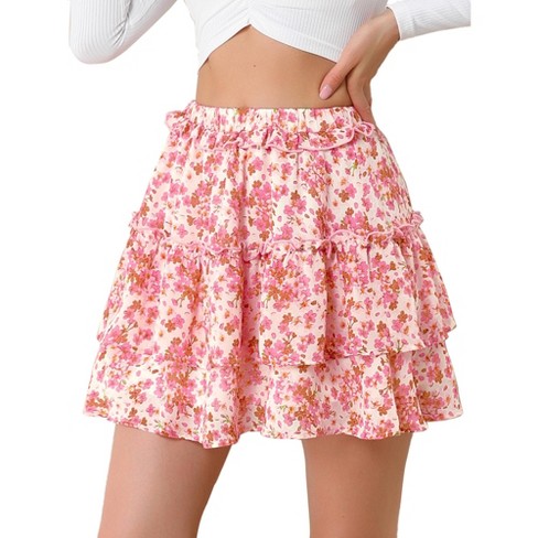 Allegra K Women's Layered Ruffle Hem Elastic Waist A-Line Skater Floral  Mini Skirt Pink Small