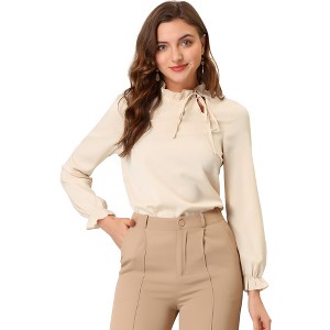 INSPIRE CHIC Women's Elegant Long Sleeve Ruffle Tie Neck Business Work Top - 1 of 4
