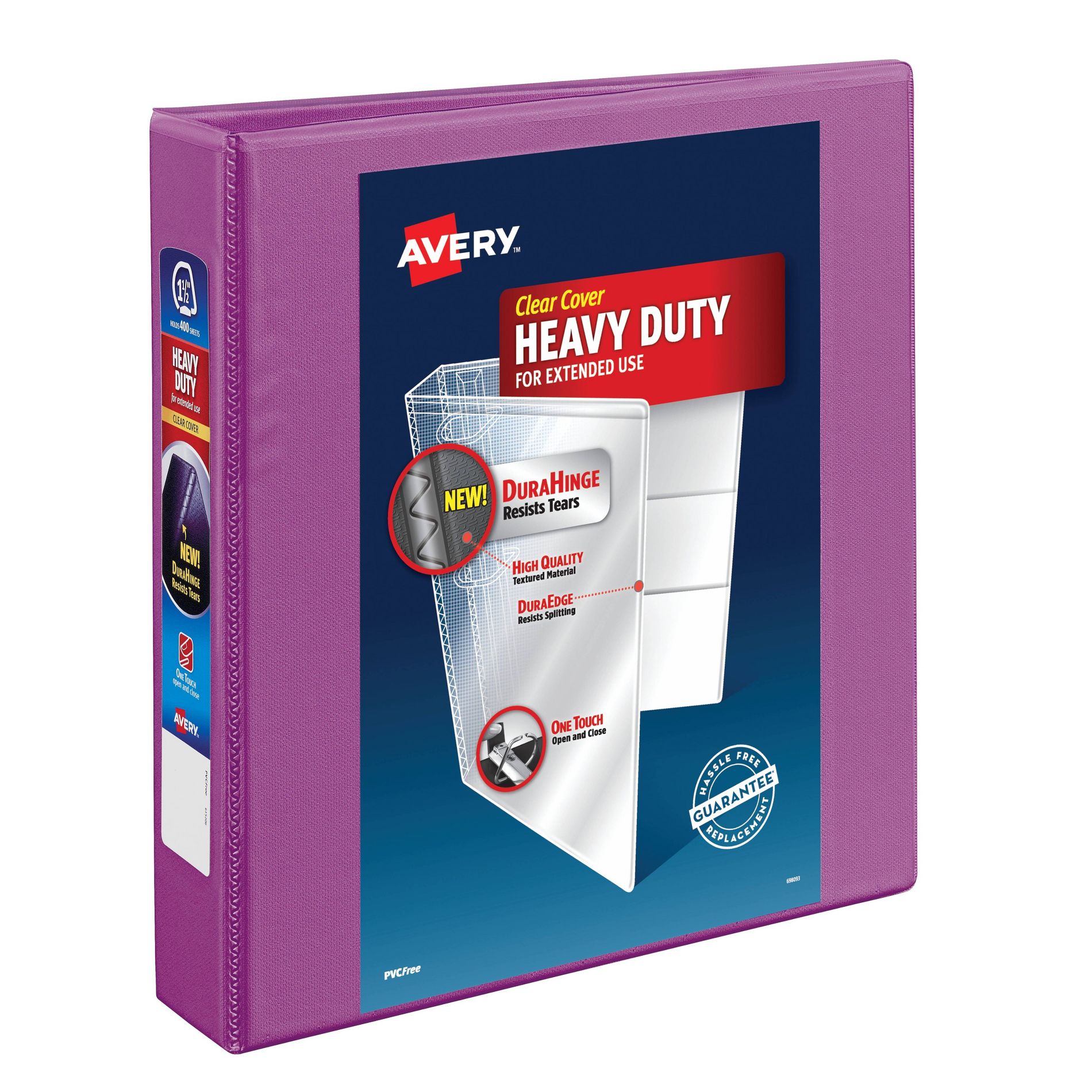 Avery 400 Sheet 2.1"x1.5" One Touch EZD Heavy-Duty Ring Binder Purple: Polypropylene, D Rings, 4 Pockets, Clear Hard Cover