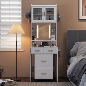 White Particle Board with Textured Melamine Finish, 3-Drawer 2-Door Dressing Table Set - 1 of 4