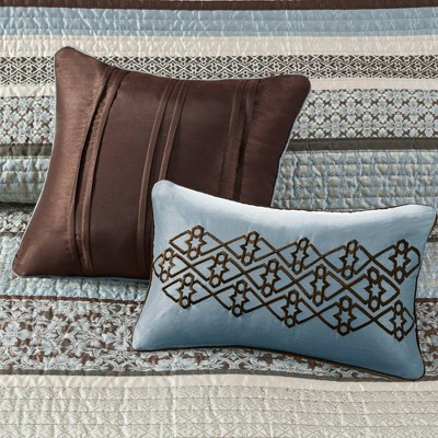 Blue and Brown Reversible Cotton Jacquard Quilt Set, Full