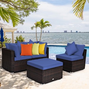 Costway 4PCS Patio Rattan Furniture Set Sofa Ottoman Cushion Garden Deck Navy - 1 of 4