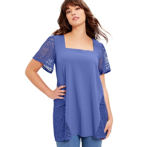 June + Vie By Roaman's Women's Plus Size Short-sleeve Lace Tunic - 14/ ...