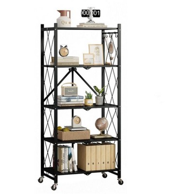 SUGIFT 5-Tier Storage Shelf Foldable Metal Shelving Units with Wheels, Black