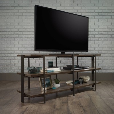 Smoked Oak and Black Metal 55" TV Stand with Open Shelving