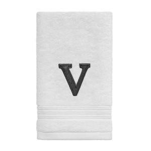 Avanti White with Grey Block Monogram Fingertip Towel  V - 1 of 3