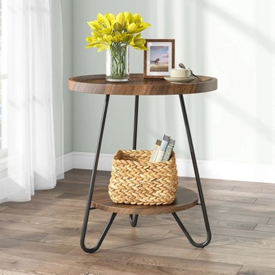 Brown Round Wood and Metal 2-Tier Side Table