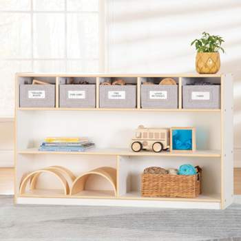Guidecraft EdQ Shelves and 5 Bin Storage Unit 30": Wooden Classroom Bookshelf with Cubbies for Kids' Books, Toys and School Supplies