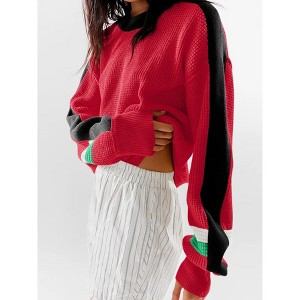 Imily Bela Womens Fall Winter Casual Color Block Crewneck Waffle Knit Slouchy Loose Pullover Tops - 1 of 4