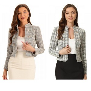 INSPIRE CHIC Women's Tweed Stand Collar Business Open Front Cropped Jacket 2 Packs - 1 of 4