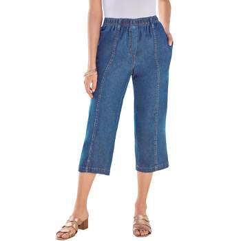 Unique Bargains Women's Plus Capri Frayed Hem Casual Denim Jeans 