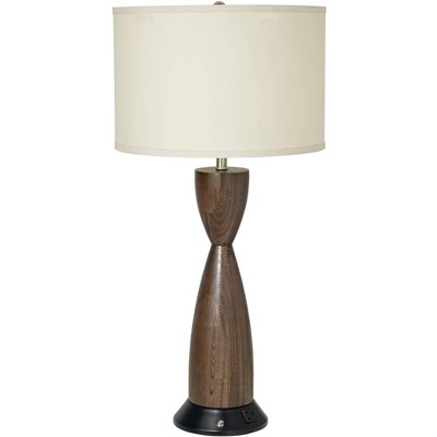 360 Lighting Modern Table Lamp with 3 Prong Outlet Kona Chocolate Brown Faux Wood Hourglass White Linen Drum Shade for Living Room