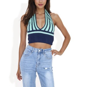 Anna-Kaci Women's Striped Knit Halter Crop Top with Deep V-Neckline for Casual Looks - 1 of 4