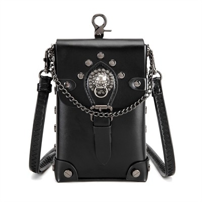 FATMOON Mini Crossbody Bag for Halloween - Gothic Steampunk PU Leather Shoulder Purse with Metal Skull Accents, Chain Strap