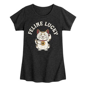 Girls' - Instant Message - Feline Lucky Cat Fitted Short Sleeve Graphic T-Shirt - 1 of 4