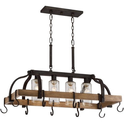 Franklin Iron Works Bronze Wood Pot Rack Linear Pendant Chandelier 36 1/2" Wide Rustic Farmhouse Seeded Glass 4-Light for Kitchen