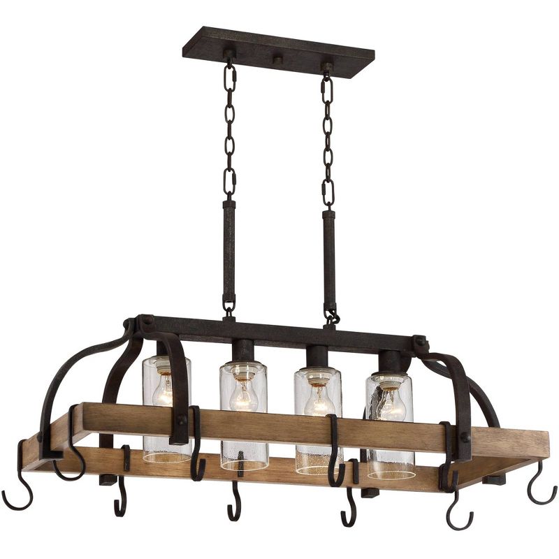 Franklin Iron Works Eldrige Bronze Faux Wood Pot Rack Linear Pendant Chandelier 36 1/2" Wide Rustic Farmhouse Seeded Glass 4-Light for Dining Room, 1 of 10