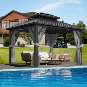 Gray 10x12 FT Hardtop Gazebo ¨C All-Weather Aluminum Frame with Double Metal Roof, Mesh & Curtains for Backyard, Garden & Porch (1-Pack) - 1 of 4