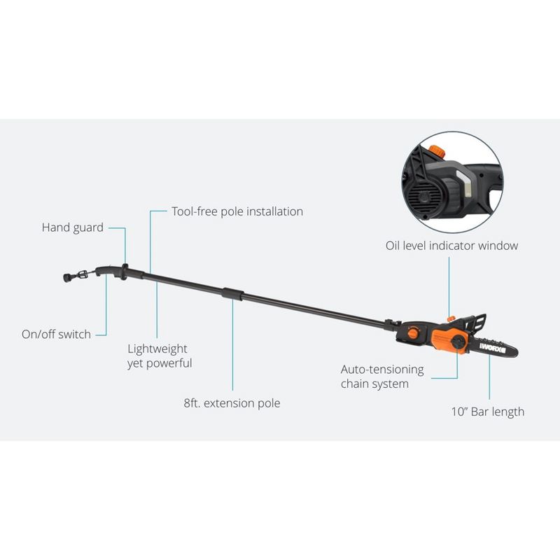 WG309 Worx 10" 2 in 1 Electric Chainsaw and Pole Saw Attachment with Auto-Tension, Rotating Handle and Safety Chain Brake, 4 of 14