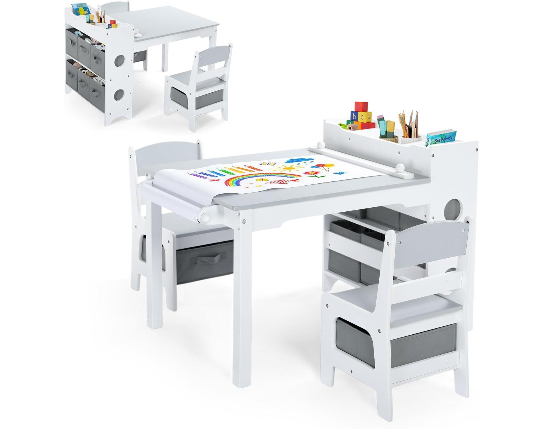 Kinder King Kids Table and Chair Set with Storage – Toddler Activity Desk with 8 Bins & Paper Roll for Drawing, Reading, Crafts & Snacks