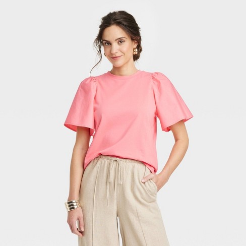 Women s Ktw Puff Elbow Sleeve T shirt A New Day Pink S Target