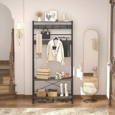 Aheaplus Hall Tree with 2-Tier Storage Shelves, Wood Entry Coat Stand, Shoe Rack