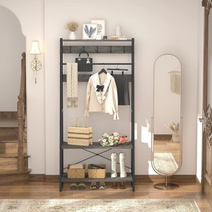 Aheaplus Hall Tree with 2-Tier Storage Shelves, Wood Entry Coat Stand, Shoe Rack - 1 of 4