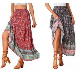 INSPIRE CHIC Women's Boho Casual Floral Printed Elastic Waist Maxi Skirts 2 Packs - 1 of 4