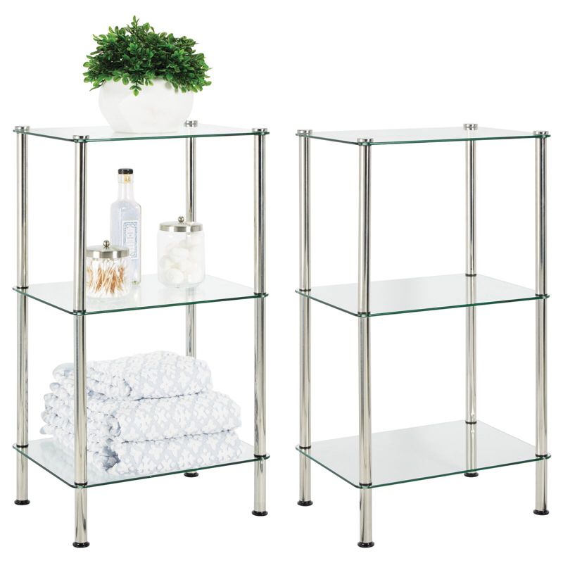 mDesign Metal/Glass 3-Tier Storage Tower w/ Glass Shelves, 2 Pack, Chrome/Clear, 1 of 10