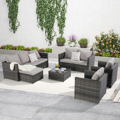 6-Piece Patio Conversation Set: All-Weather Wicker Sofa + Pillows & Tempered Glass Table