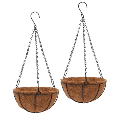 Juvale 2 Pack Black Metal Hanging Flower Basket Planter Pot with Coco Coir Liners for Indoor Outdoor Plants, 8 x 17.5 in