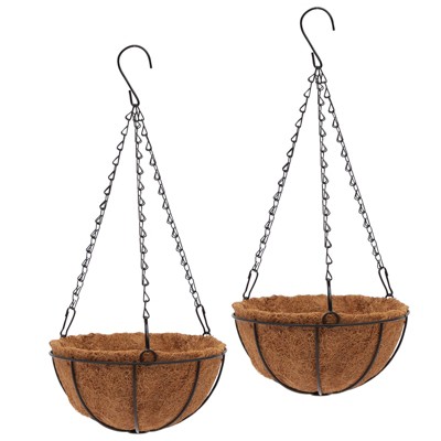 Black Metal Hanging Planter Pots with Coco Liners, 8 x 17.5 inches, Set of 2
