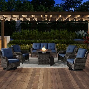6 Pieces Brown Wicker Patio Furniture Set with Propane Fire Pit Table, All Weather Wicker Patio Set with Square Fire Pit Table and Swivel Patio Chair - 1 of 4