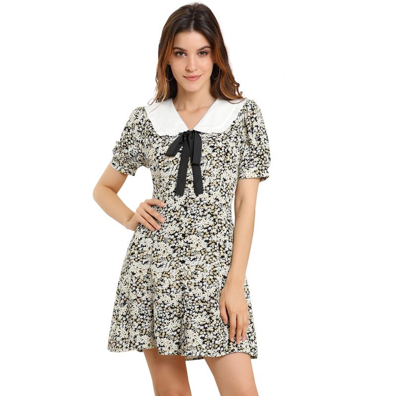 Allegra K Women's Peter Pan Collar Flowy Short Sleeve Ruffle Summer Floral Shirt Dress, 1 of 7