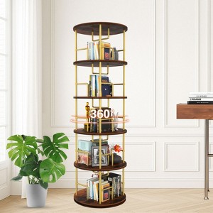 CAVINAS 5-Tier Rotating Display Bookshelf,Round Floor Bookcase with Wheels,Book Shelf with Gold Metal Frame,Book Shelves Tower for Living Room,Golden - 1 of 4