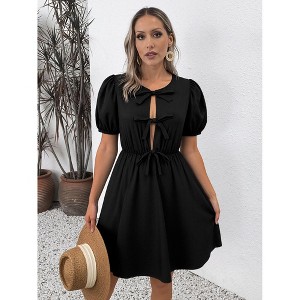 navy blue dress for baby girl Spring Dress for Women Tie Front Midi Dress Puff Sleeve Elastic Waist A  Line Babydoll Dress,black,Large : Target