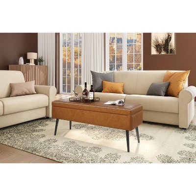 Storage Ottoman Bench, Mid-Century Modern Entryway Bedroom Bench, Synthetic Leather with Stitchin, Leather Bench with Storage Ottoman, Foot Rest