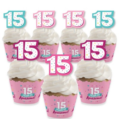 Big Dot of Happiness Girl 15th Birthday - Cupcake Decoration - Teen Birthday Party Cupcake Wrappers and Treat Picks Kit - Set of 24