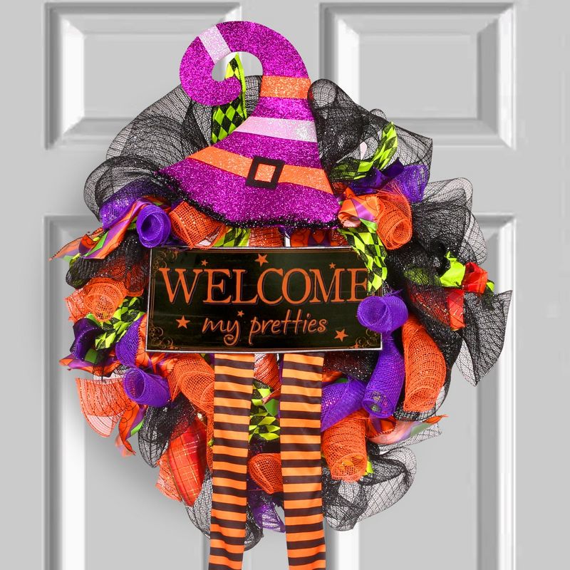 Barton 24" Halloween Witch Wreath Hat Legs Pumpkin Front Door Decor Decoration, 2 of 7