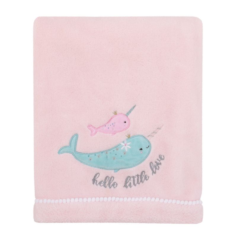 NoJo Under the Sea Whimsy Pink and Blue Narwhals Super Soft Appliqued Baby Blanket, 1 of 8