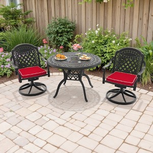 3-Piece Round Cast Aluminum Patio Set with Swivel Chairs,Red Cushions,and Umbrella Hole - 1 of 4