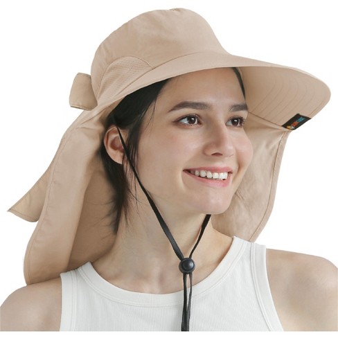 SUN CUBE Wide Brim Sun Hat with Neck Flap, UPF50+ Hiking Safari Fishing Hat  for Womens, Sun Protection Beach Hat (Tan with Bow)