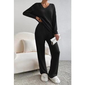 V For City Women's Fall/Winter Ribbed Knit Loungewear Set Loose V-Neck Top & Straight-Leg Pants Pajama Set - 1 of 4
